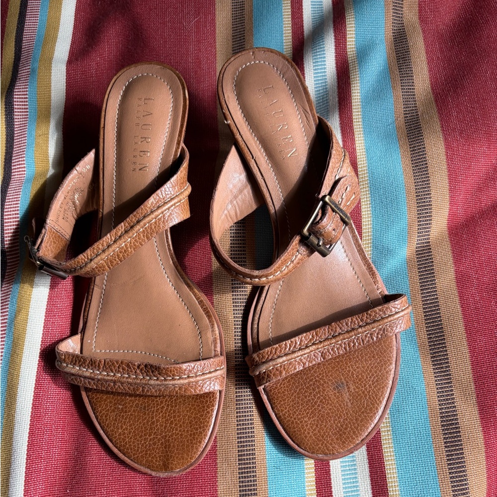 Lauren Ralph Lauren Brown Leather Sandals 6 kitten heel